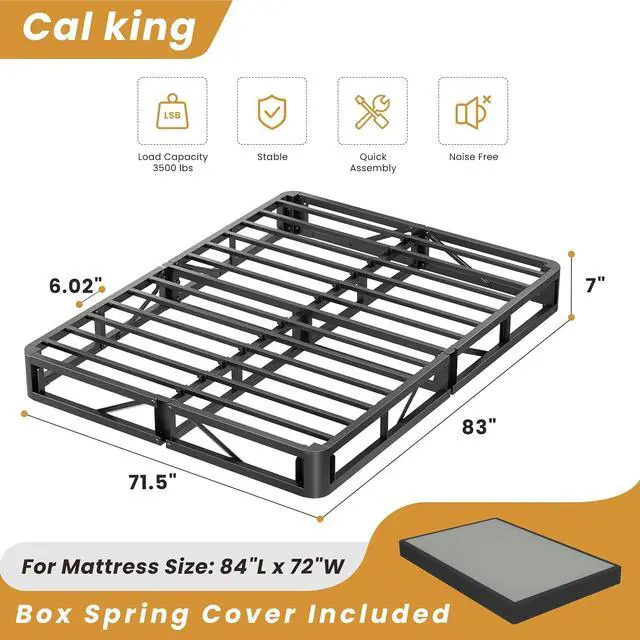Alt view image 2 of 7 - MAF Cal King Size Box Spring 7 Inch High Profile Metal Bed Base with Cover | 3500 lbs Black Heavy Duty Support, Round Corner Design, Metal Mattress Foundation, No Squeaky, Easy Assembly, Noise Free