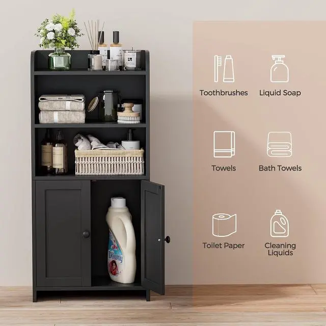 Alt view image 4 of 7 - Homhedy Small Bathroom Storage Cabinet, Toilet Paper Storage Cabinet | Bathroom Floor Cabinet with Doors and Shelves, Bathroom Organizers for Small Spaces, 7.9" D x 14.6" W x 31" H, Black
