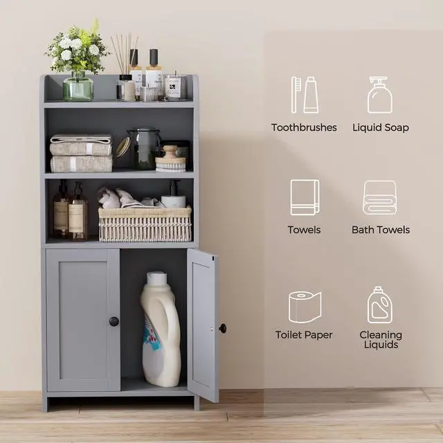 Alt view image 4 of 7 - Homhedy Small Bathroom Storage Cabinet, Toilet Paper Storage Cabinet | Bathroom Floor Cabinet with Doors and Shelves, Bathroom Organizers for Small Spaces, 7.9" D x 14.6" W x 31" H, Gray