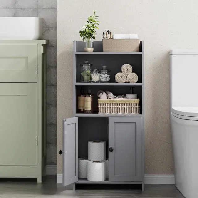 Alt view image 6 of 7 - Homhedy Small Bathroom Storage Cabinet, Toilet Paper Storage Cabinet | Bathroom Floor Cabinet with Doors and Shelves, Bathroom Organizers for Small Spaces, 7.9" D x 14.6" W x 31" H, Gray