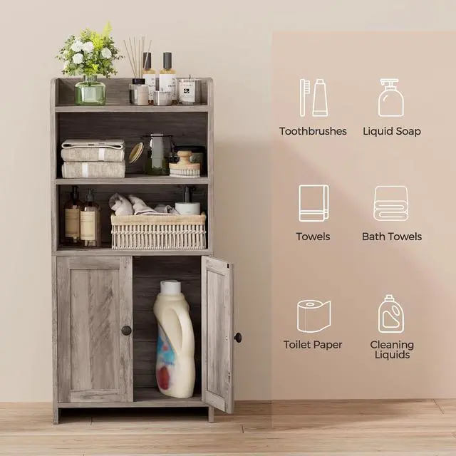 Alt view image 4 of 7 - Homhedy Small Bathroom Storage Cabinet, Toilet Paper Storage Cabinet | Bathroom Floor Cabinet with Doors and Shelves, Bathroom Organizers for Small Spaces, 7.9" D x 14.6" W x 31" H, Greige