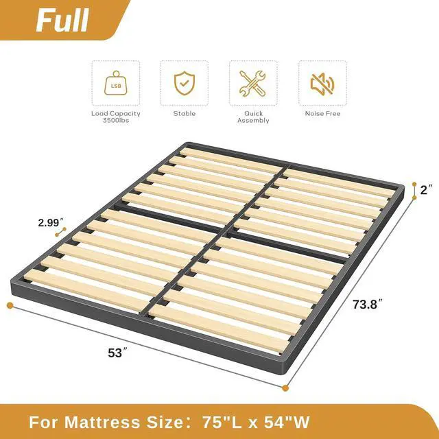 Alt view image 2 of 7 - MAF 2 Inch Full Box Spring with Round Corner, Bunkie Board with Wood Slats | Low Profile Bed Slat Replacement, 3500 lbs Black Heavy Duty Metal Mattress Foundation, Easy Assembly, Mattress Protection