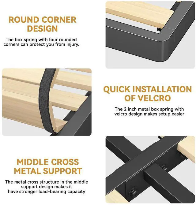 Alt view image 3 of 7 - MAF Cal King Size Box Spring 2 Inch with Round Corners and Wooden Slats | Low Profile Bunkie Board, Bed Slat Replacement, 3500 lbs Black Heavy Duty Metal Mattress Protection Foundation, Easy Assembly