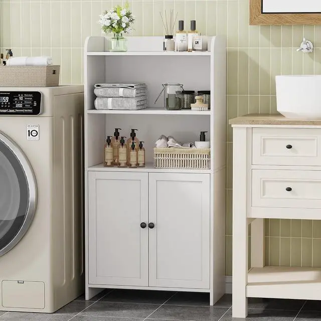 Alt view image 3 of 7 - Homhedy Small Bathroom Storage Cabinet, Toilet Paper Storage Cabinet | Bathroom Floor Cabinet with Doors and Shelves, Bathroom Organizers for Small Spaces, 9.8" D x 19.7" W x 39.9" H, White