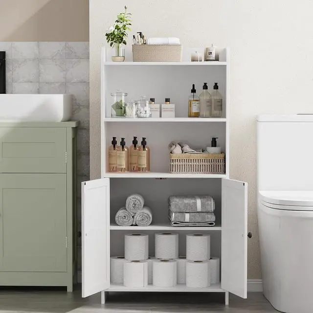 Alt view image 5 of 7 - Homhedy Small Bathroom Storage Cabinet, Toilet Paper Storage Cabinet | Bathroom Floor Cabinet with Doors and Shelves, Bathroom Organizers for Small Spaces, 9.8" D x 19.7" W x 39.9" H, White