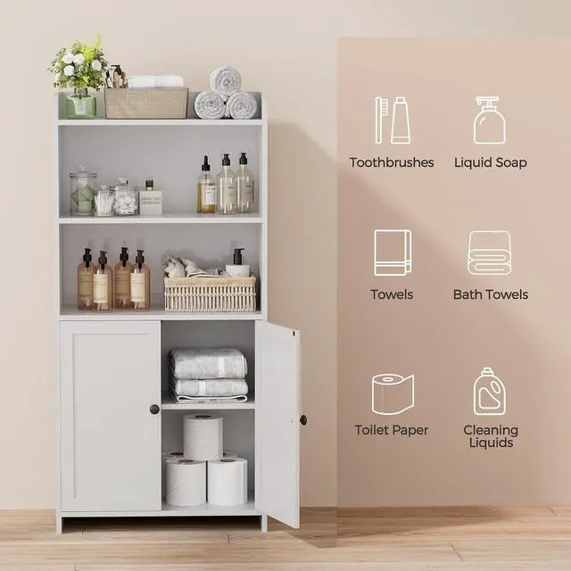 Alt view image 6 of 7 - Homhedy Small Bathroom Storage Cabinet, Toilet Paper Storage Cabinet | Bathroom Floor Cabinet with Doors and Shelves, Bathroom Organizers for Small Spaces, 9.8" D x 19.7" W x 39.9" H, White