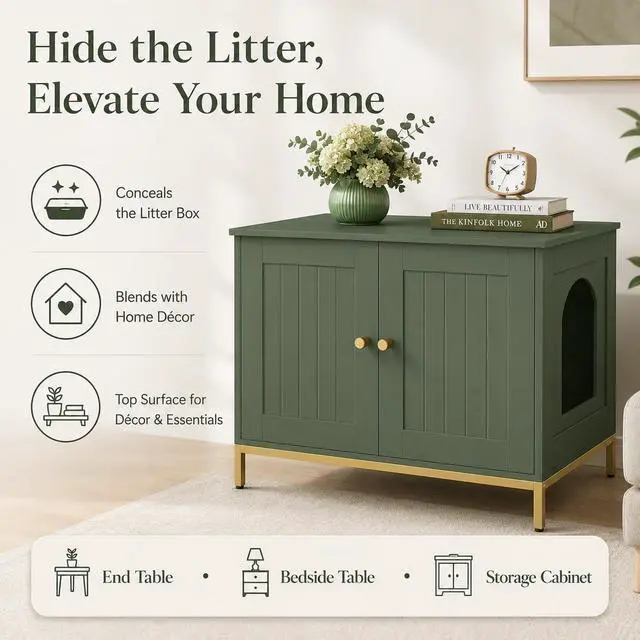 Alt view image 2 of 7 - Homhedy 28.3" L Cat Litter Box Enclosure with Metal Frame, Green and Gold | Hidden Litter Box Furniture, Cat House, Pet Storage Cabinet, Fit Most of Litter Box, End Table, Morden Style