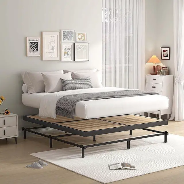 Alt view image 6 of 7 - MAF Cal King Size Box Spring 2 Inch with Round Corners and Wooden Slats | Low Profile Bunkie Board, Bed Slat Replacement, 3500 lbs Black Heavy Duty Metal Mattress Protection Foundation, Easy Assembly