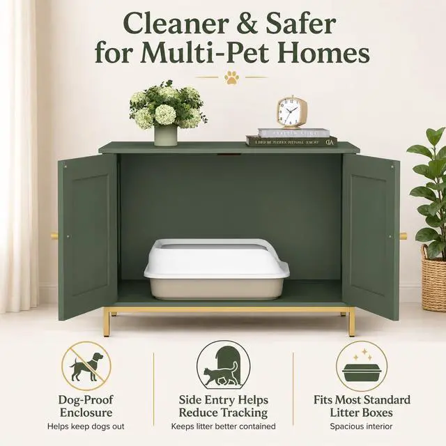 Alt view image 3 of 7 - Homhedy 28.3" L Cat Litter Box Enclosure with Metal Frame, Green and Gold | Hidden Litter Box Furniture, Cat House, Pet Storage Cabinet, Fit Most of Litter Box, End Table, Morden Style