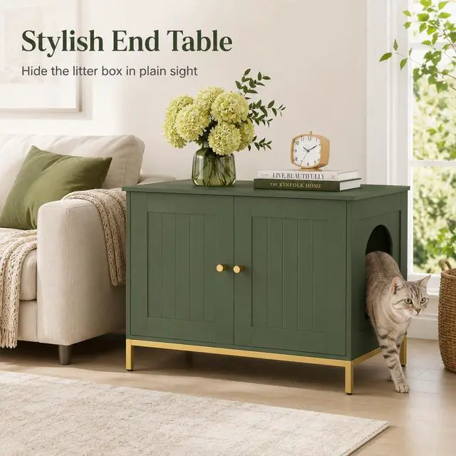 Alt view image 4 of 7 - Homhedy 28.3" L Cat Litter Box Enclosure with Metal Frame, Green and Gold | Hidden Litter Box Furniture, Cat House, Pet Storage Cabinet, Fit Most of Litter Box, End Table, Morden Style