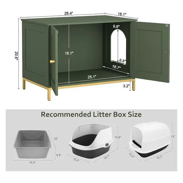 Alt view image 5 of 7 - Homhedy 28.3" L Cat Litter Box Enclosure with Metal Frame, Green and Gold | Hidden Litter Box Furniture, Cat House, Pet Storage Cabinet, Fit Most of Litter Box, End Table, Morden Style