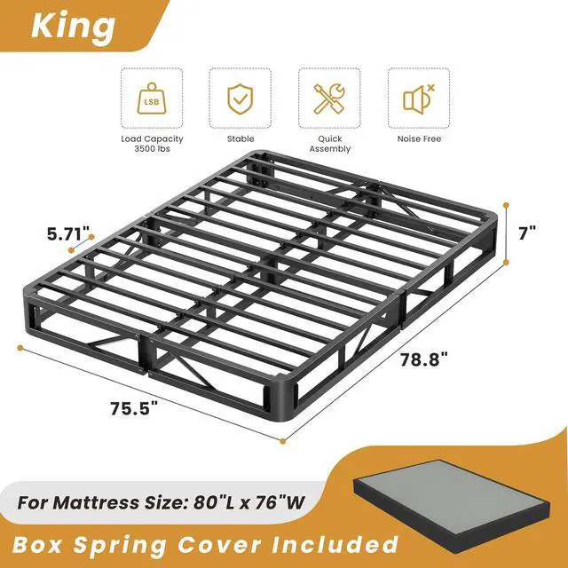 Alt view image 2 of 7 - MAF Box Springs King Size 7 Inch High Profile Metal Bed Base with Cover | 3500 lbs Black Heavy Duty Support, Round Corner Design, Metal Mattress Foundation, No Squeaky, Easy Assembly, Noise Free
