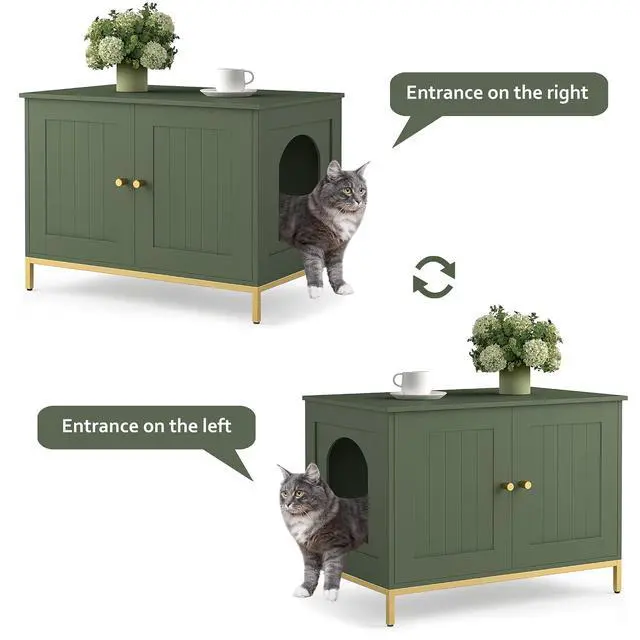Alt view image 6 of 7 - Homhedy 28.3" L Cat Litter Box Enclosure with Metal Frame, Green and Gold | Hidden Litter Box Furniture, Cat House, Pet Storage Cabinet, Fit Most of Litter Box, End Table, Morden Style
