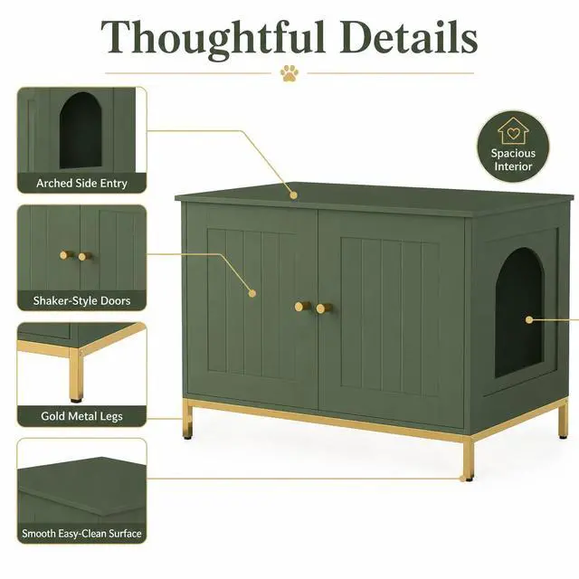 Alt view image 7 of 7 - Homhedy 28.3" L Cat Litter Box Enclosure with Metal Frame, Green and Gold | Hidden Litter Box Furniture, Cat House, Pet Storage Cabinet, Fit Most of Litter Box, End Table, Morden Style