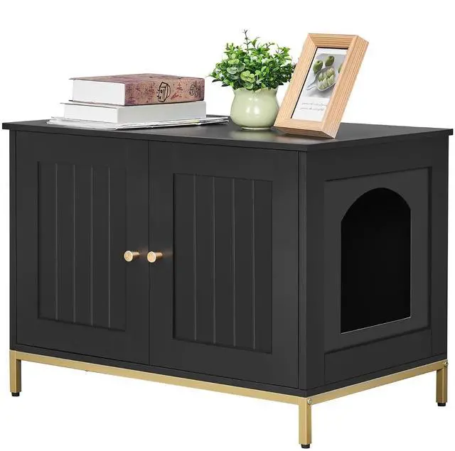 Main image of Homhedy 28.3" L Cat Litter Box Enclosure with Metal Frame, Black and Gold | Hidden Litter Box Furniture, Cat House, Pet Storage Cabinet, Fit Most of Litter Box, End Table, Morden Style