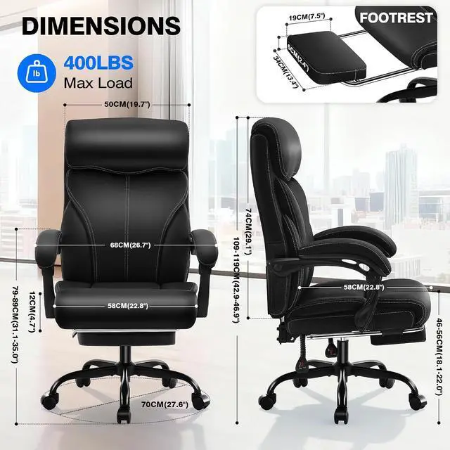 Alt view image 2 of 7 - AreShark Office Chair - Ergonomic Comfortable High Back Computer Desk Chair with Foot Rest - Executive Breathable Swivel Rolling Reclining Leather Chair with Lumbar Support for Home Gaming Relaxing
