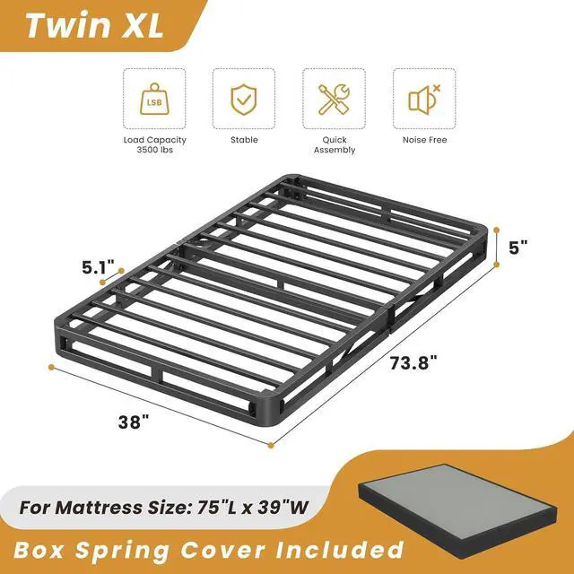 Alt view image 3 of 7 - MAF 5 Inch Twin Box Spring Low Profile Metal Bed Base with BoxSpring Cover | 3500 lbs Black Heavy Duty Support, Round Corner Design, Metal Mattress Foundation, No Squeaky, Easy Assembly, Noise Free