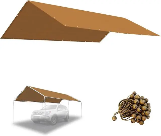 Main image of YardGrow 10'x20' Carport Replacement Canopy Cover for Tent Car Shelter Top Tarp Cover w/Bungees, Carport Canopy Top Replacement Cover ONLY (Tan)