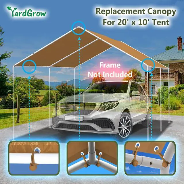 Alt view image 2 of 7 - YardGrow 10'x20' Carport Replacement Canopy Cover for Tent Car Shelter Top Tarp Cover w/Bungees, Carport Canopy Top Replacement Cover ONLY (Tan)