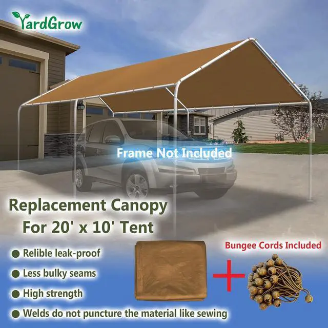 Alt view image 4 of 7 - YardGrow 10'x20' Carport Replacement Canopy Cover for Tent Car Shelter Top Tarp Cover w/Bungees, Carport Canopy Top Replacement Cover ONLY (Tan)