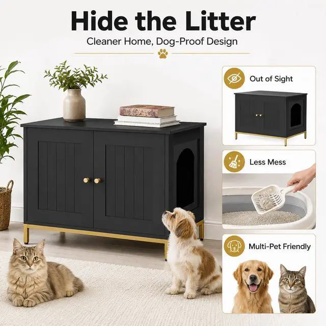 Alt view image 2 of 7 - Homhedy 28.3" L Cat Litter Box Enclosure with Metal Frame, Black and Gold | Hidden Litter Box Furniture, Cat House, Pet Storage Cabinet, Fit Most of Litter Box, End Table, Morden Style