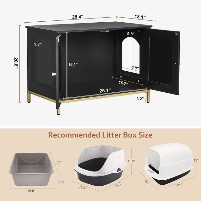Alt view image 3 of 7 - Homhedy 28.3" L Cat Litter Box Enclosure with Metal Frame, Black and Gold | Hidden Litter Box Furniture, Cat House, Pet Storage Cabinet, Fit Most of Litter Box, End Table, Morden Style