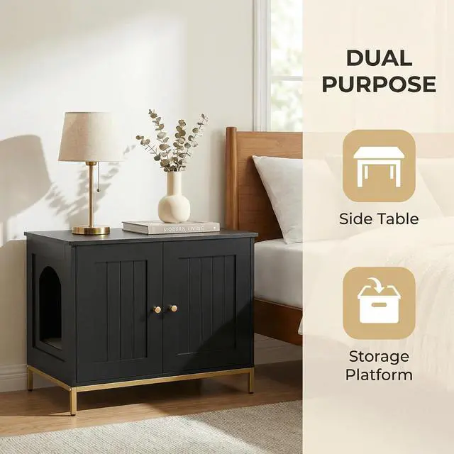 Alt view image 4 of 7 - Homhedy 28.3" L Cat Litter Box Enclosure with Metal Frame, Black and Gold | Hidden Litter Box Furniture, Cat House, Pet Storage Cabinet, Fit Most of Litter Box, End Table, Morden Style