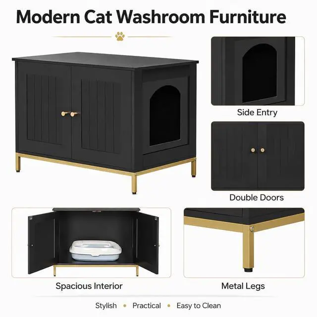 Alt view image 7 of 7 - Homhedy 28.3" L Cat Litter Box Enclosure with Metal Frame, Black and Gold | Hidden Litter Box Furniture, Cat House, Pet Storage Cabinet, Fit Most of Litter Box, End Table, Morden Style