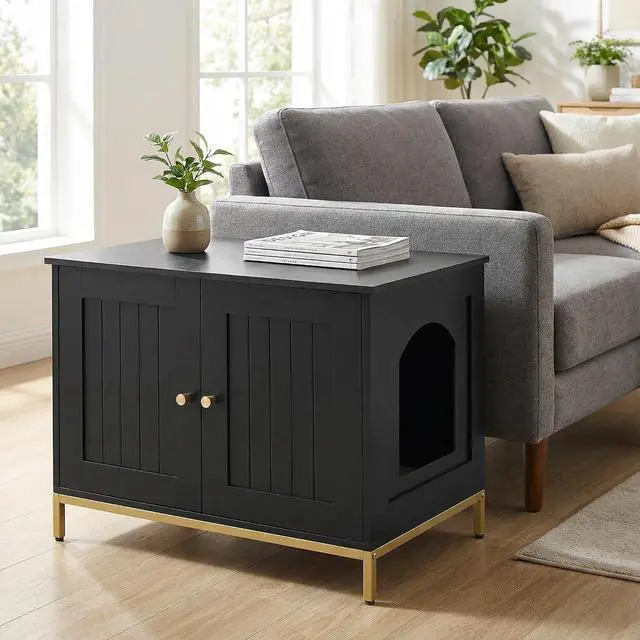 Alt view image 6 of 7 - Homhedy 28.3" L Cat Litter Box Enclosure with Metal Frame, Black and Gold | Hidden Litter Box Furniture, Cat House, Pet Storage Cabinet, Fit Most of Litter Box, End Table, Morden Style
