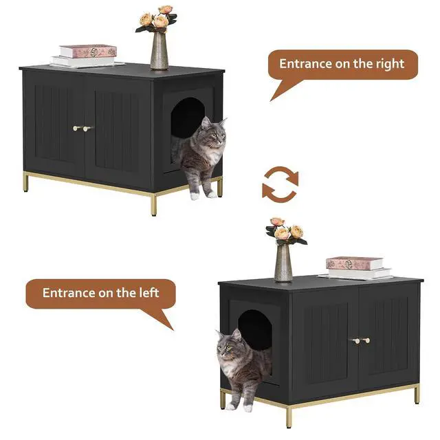 Alt view image 5 of 7 - Homhedy 28.3" L Cat Litter Box Enclosure with Metal Frame, Black and Gold | Hidden Litter Box Furniture, Cat House, Pet Storage Cabinet, Fit Most of Litter Box, End Table, Morden Style