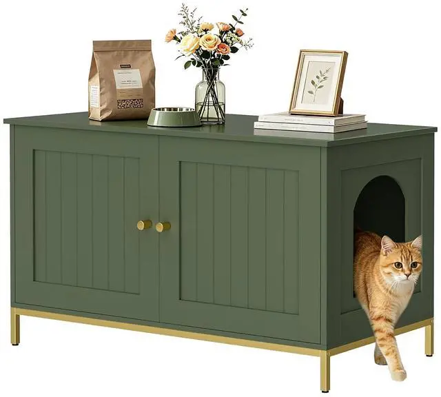 Main image of Homhedy 35.4" L Cat Litter Box Enclosure with Metal Frame, Green and Gold | Hidden Litter Box Furniture, Indoor Cat House, Pet Storage Cabinet, Fit Most of Litter Box, End Table, Morden Style