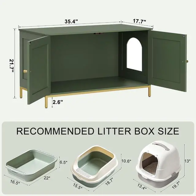Alt view image 3 of 7 - Homhedy 35.4" L Cat Litter Box Enclosure with Metal Frame, Green and Gold | Hidden Litter Box Furniture, Indoor Cat House, Pet Storage Cabinet, Fit Most of Litter Box, End Table, Morden Style