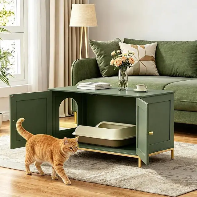 Alt view image 2 of 7 - Homhedy 35.4" L Cat Litter Box Enclosure with Metal Frame, Green and Gold | Hidden Litter Box Furniture, Indoor Cat House, Pet Storage Cabinet, Fit Most of Litter Box, End Table, Morden Style