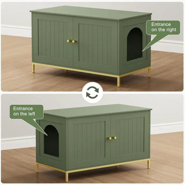 Alt view image 4 of 7 - Homhedy 35.4" L Cat Litter Box Enclosure with Metal Frame, Green and Gold | Hidden Litter Box Furniture, Indoor Cat House, Pet Storage Cabinet, Fit Most of Litter Box, End Table, Morden Style