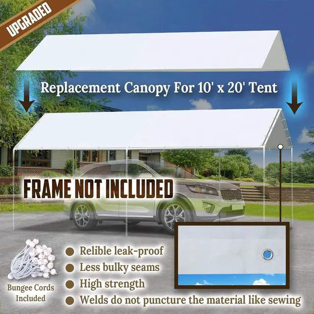 Alt view image 2 of 7 - YardGrow 10'x20' Carport Replacement Canopy Cover for Tent Car Shelter Top Tarp Cover w/Bungees, Carport Canopy Top Replacement Cover ONLY (White)
