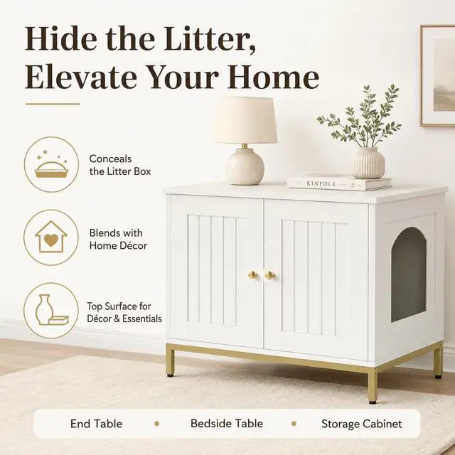 Alt view image 2 of 7 - Homhedy 28.3" L Cat Litter Box Enclosure with Metal Frame, White and Gold | Hidden Litter Box Furniture, Cat House, Pet Storage Cabinet, Fit Most of Litter Box, End Table, Morden Style