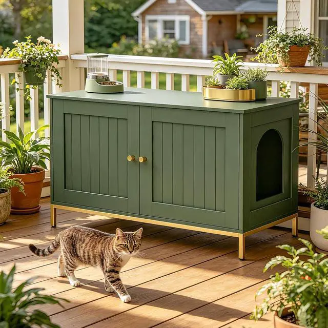 Alt view image 5 of 7 - Homhedy 35.4" L Cat Litter Box Enclosure with Metal Frame, Green and Gold | Hidden Litter Box Furniture, Indoor Cat House, Pet Storage Cabinet, Fit Most of Litter Box, End Table, Morden Style