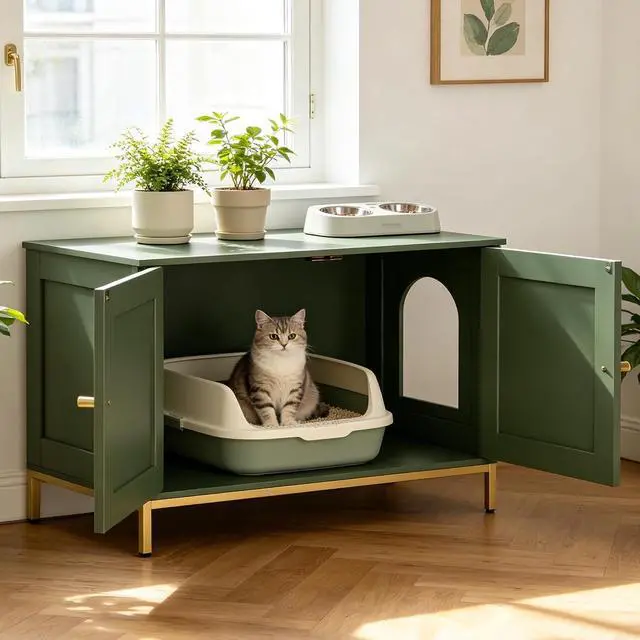 Alt view image 6 of 7 - Homhedy 35.4" L Cat Litter Box Enclosure with Metal Frame, Green and Gold | Hidden Litter Box Furniture, Indoor Cat House, Pet Storage Cabinet, Fit Most of Litter Box, End Table, Morden Style