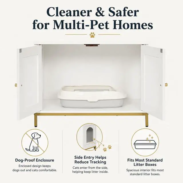 Alt view image 3 of 7 - Homhedy 28.3" L Cat Litter Box Enclosure with Metal Frame, White and Gold | Hidden Litter Box Furniture, Cat House, Pet Storage Cabinet, Fit Most of Litter Box, End Table, Morden Style
