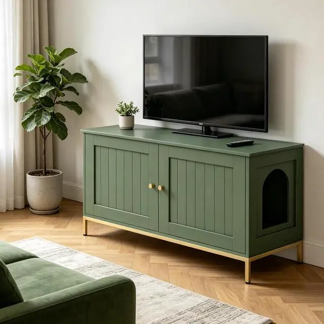 Alt view image 7 of 7 - Homhedy 35.4" L Cat Litter Box Enclosure with Metal Frame, Green and Gold | Hidden Litter Box Furniture, Indoor Cat House, Pet Storage Cabinet, Fit Most of Litter Box, End Table, Morden Style