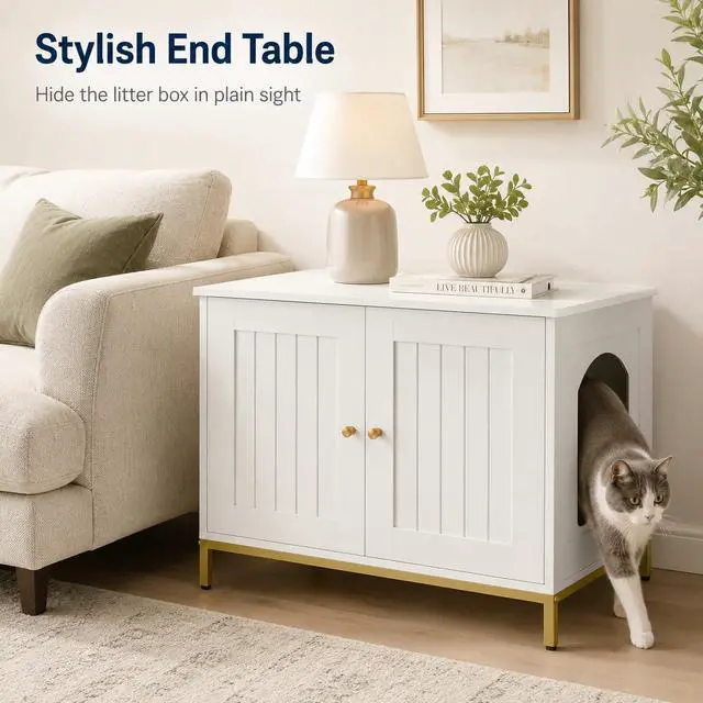 Alt view image 5 of 7 - Homhedy 28.3" L Cat Litter Box Enclosure with Metal Frame, White and Gold | Hidden Litter Box Furniture, Cat House, Pet Storage Cabinet, Fit Most of Litter Box, End Table, Morden Style