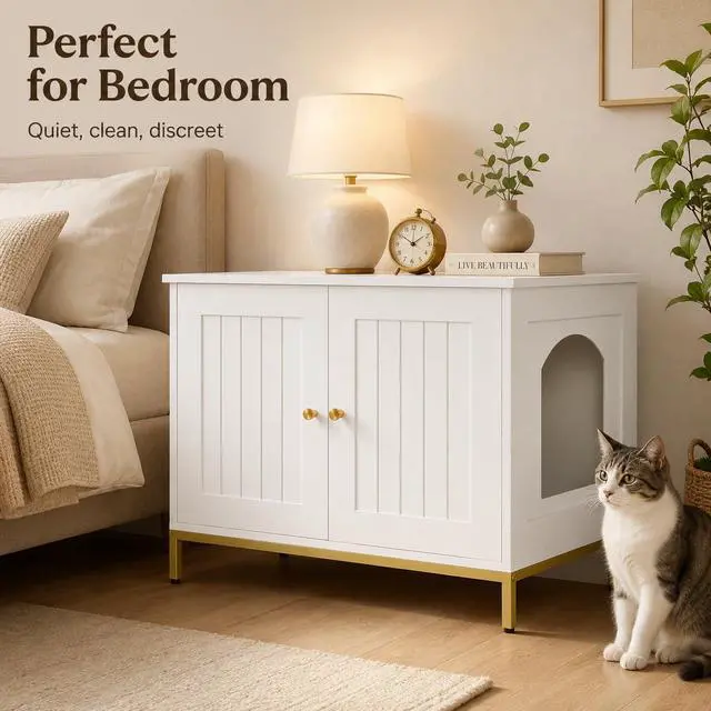 Alt view image 7 of 7 - Homhedy 28.3" L Cat Litter Box Enclosure with Metal Frame, White and Gold | Hidden Litter Box Furniture, Cat House, Pet Storage Cabinet, Fit Most of Litter Box, End Table, Morden Style