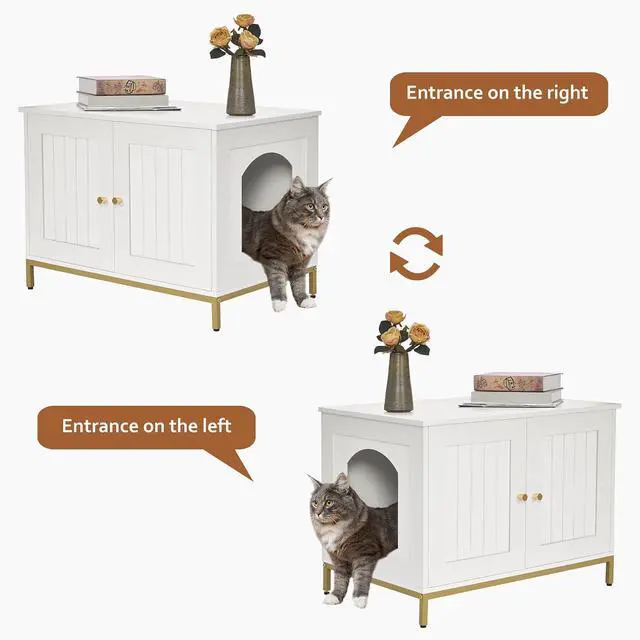 Alt view image 6 of 7 - Homhedy 28.3" L Cat Litter Box Enclosure with Metal Frame, White and Gold | Hidden Litter Box Furniture, Cat House, Pet Storage Cabinet, Fit Most of Litter Box, End Table, Morden Style