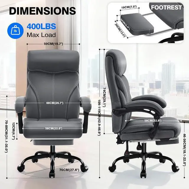 Alt view image 2 of 7 - AreShark Office Chair - Ergonomic Comfortable High Back Computer Desk Chair with Foot Rest - Executive Breathable Swivel Rolling Reclining Leather Chair with Lumbar Support for Home Gaming Relaxing