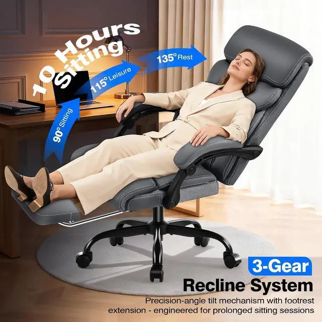 Alt view image 5 of 7 - AreShark Office Chair - Ergonomic Comfortable High Back Computer Desk Chair with Foot Rest - Executive Breathable Swivel Rolling Reclining Leather Chair with Lumbar Support for Home Gaming Relaxing