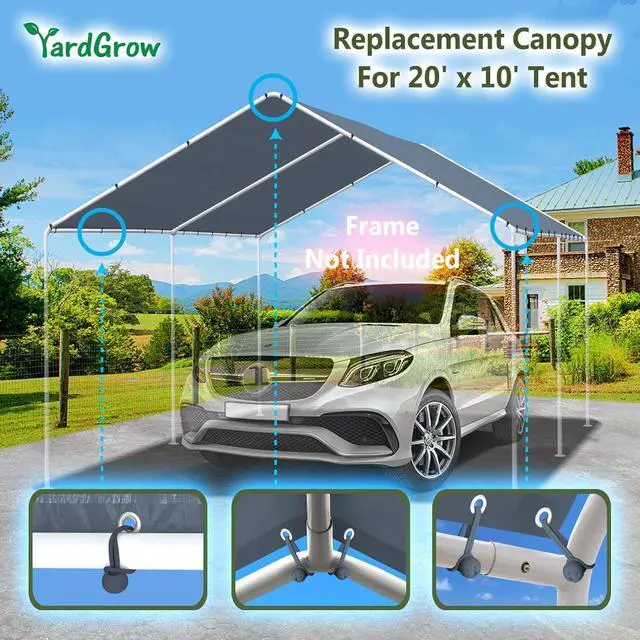 Alt view image 2 of 7 - YardGrow 10'x20' Carport Replacement Canopy Cover for Tent Car Shelter Top Tarp Cover w/Bungees, Carport Canopy Top Replacement Cover ONLY (Grey)