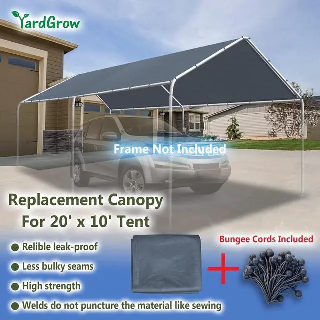 Alt view image 4 of 7 - YardGrow 10'x20' Carport Replacement Canopy Cover for Tent Car Shelter Top Tarp Cover w/Bungees, Carport Canopy Top Replacement Cover ONLY (Grey)