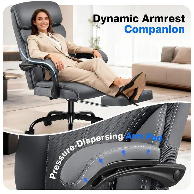 Alt view image 6 of 7 - AreShark Office Chair - Ergonomic Comfortable High Back Computer Desk Chair with Foot Rest - Executive Breathable Swivel Rolling Reclining Leather Chair with Lumbar Support for Home Gaming Relaxing