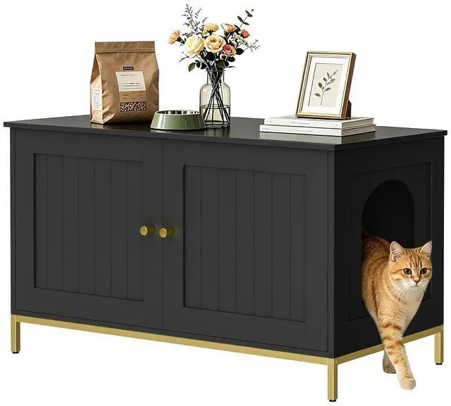 Main image of Homhedy 35.4" L Cat Litter Box Enclosure with Metal Frame, Black and Gold | Hidden Litter Box Furniture, Indoor Cat House, Pet Storage Cabinet, Fit Most of Litter Box, End Table, Morden Style