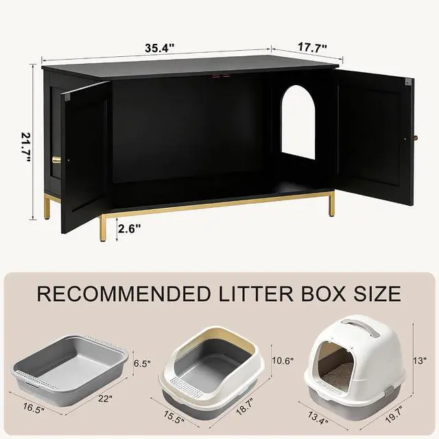 Alt view image 3 of 7 - Homhedy 35.4" L Cat Litter Box Enclosure with Metal Frame, Black and Gold | Hidden Litter Box Furniture, Indoor Cat House, Pet Storage Cabinet, Fit Most of Litter Box, End Table, Morden Style